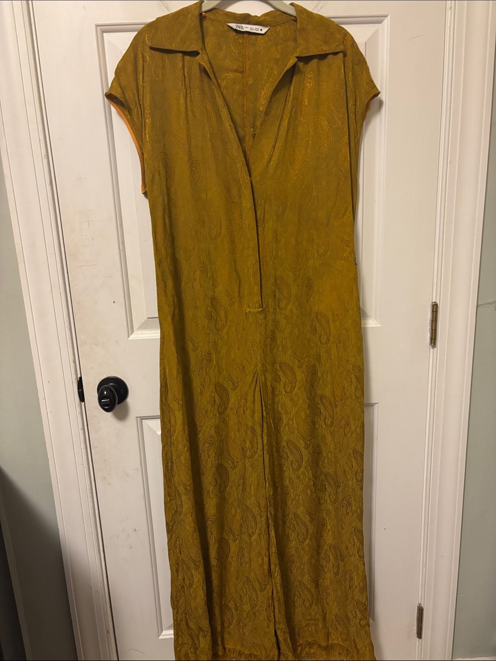 Zara Dark Chartreuse Paisley Wide-Leg Jumpsuit Size Medium M